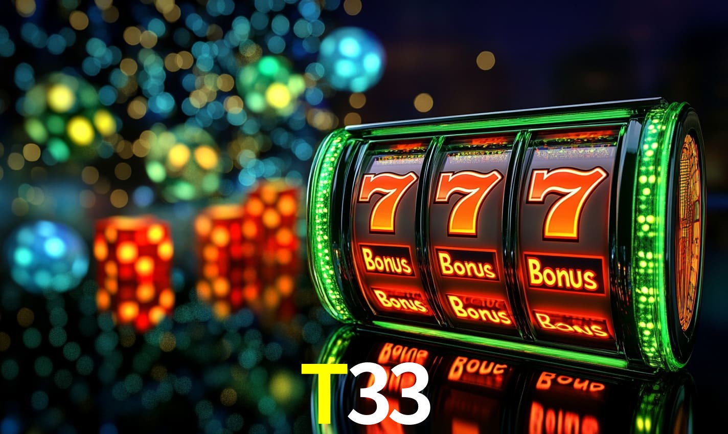 Escena dinámica inspirada en casino con iluminación T33, cartas, fichas e íconos de juegos digitales en un espacio moderno de juegos.