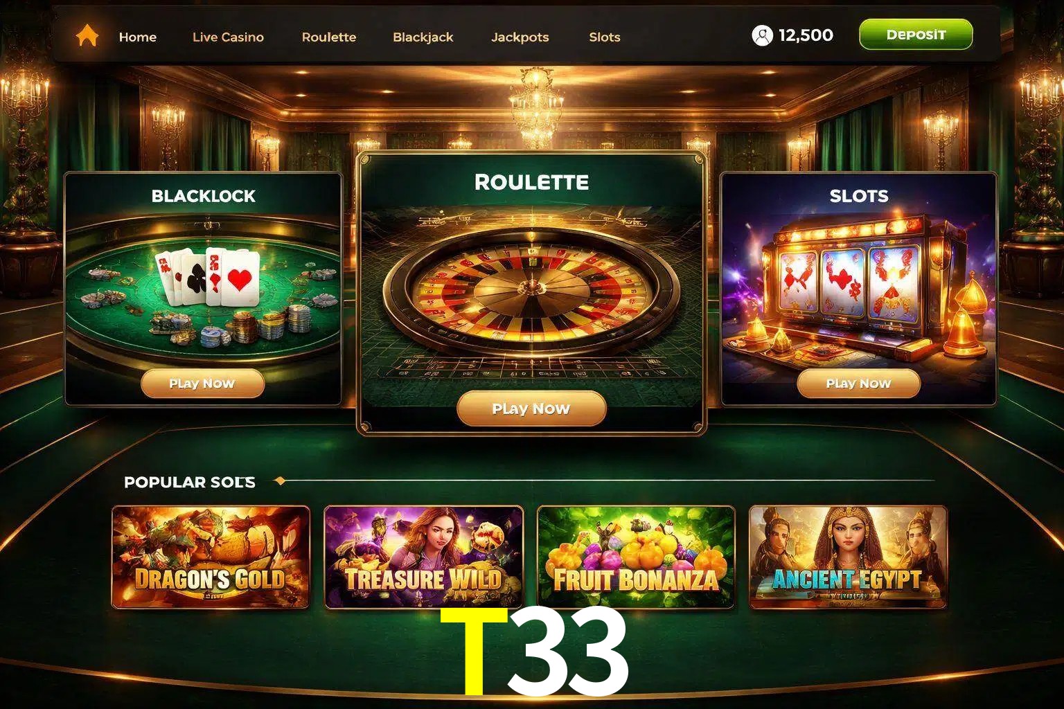 Vista de la plataforma T33 Casino mostrando categorías organizadas de juegos en línea